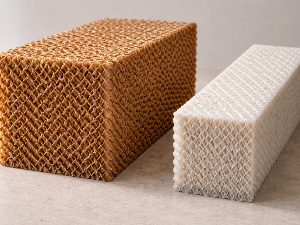 Close-up comparison of thick cellulose cooling pads versus thin synthetic cooling pads