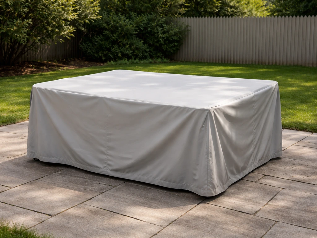 Patio furniture under a neatly fitted protective cover, with tidy edges against sun and rain.