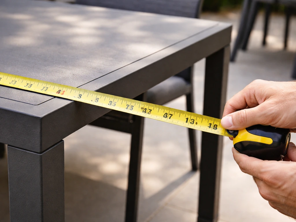 Close-up of a tape measure measuring a patio table and chair set for a cover fit
