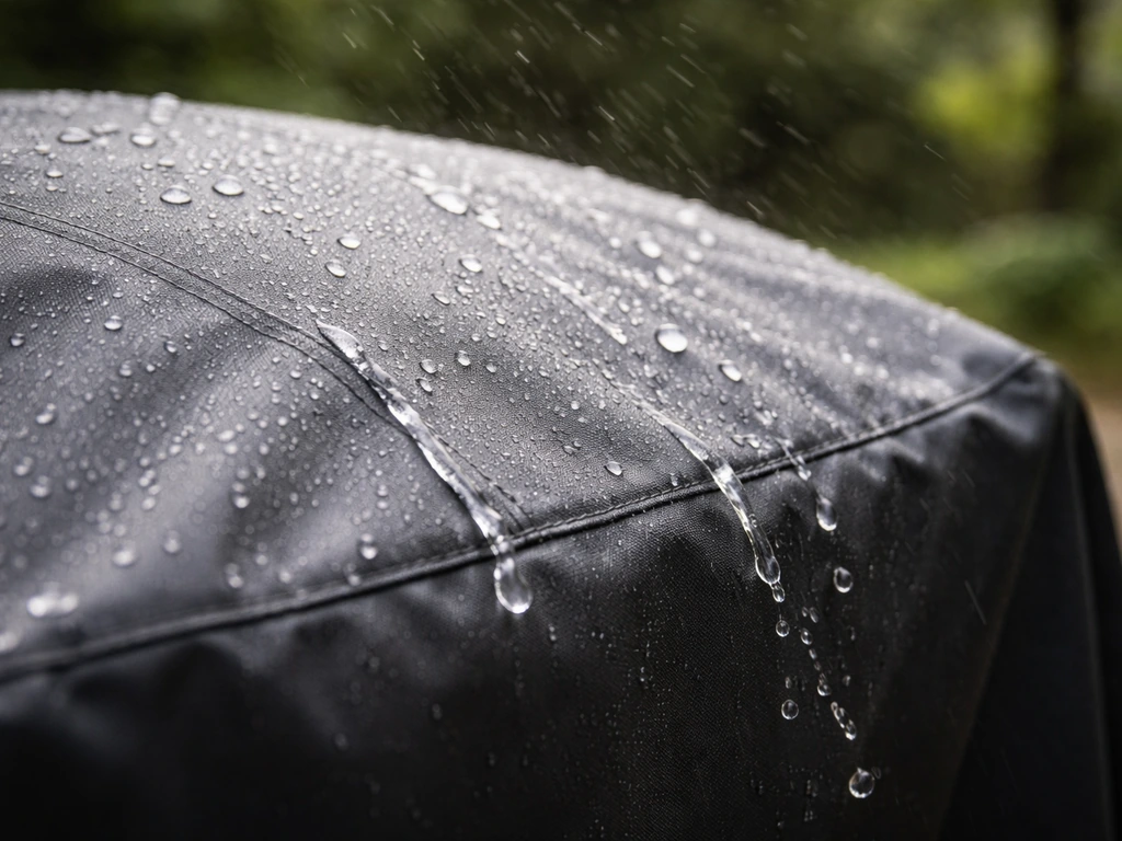 Close-up of a polyester water-resistant fabric cover with raindrops beading and rolling off