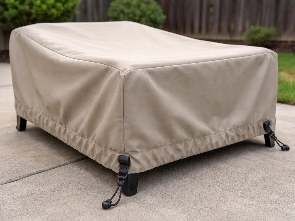 Patio furniture cover with elastic hem and visible corner straps/tie-downs outdoors in daylight.