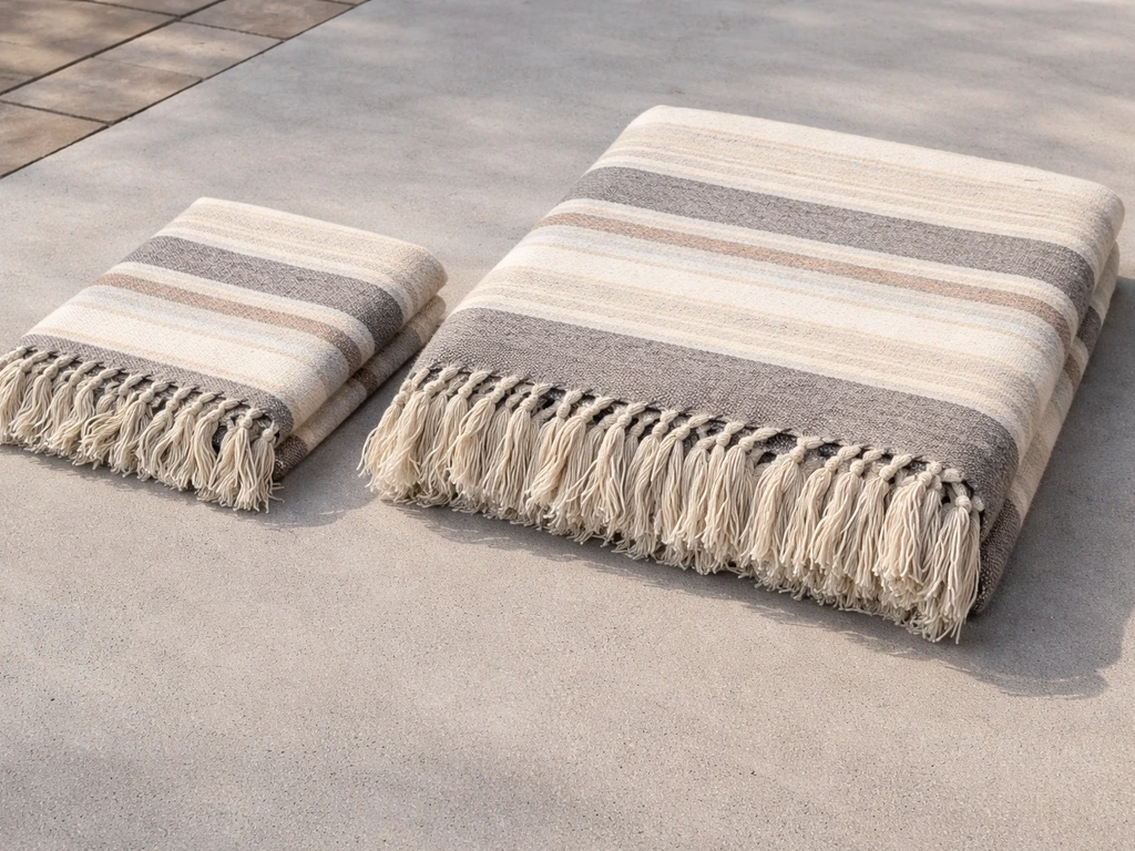Two patio throws laid side by side on a concrete patio to show standard vs oversized size difference.