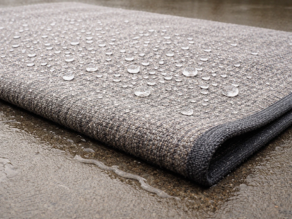Outdoor blanket fabric with water beading on top and darker soaked edge after rain exposure.