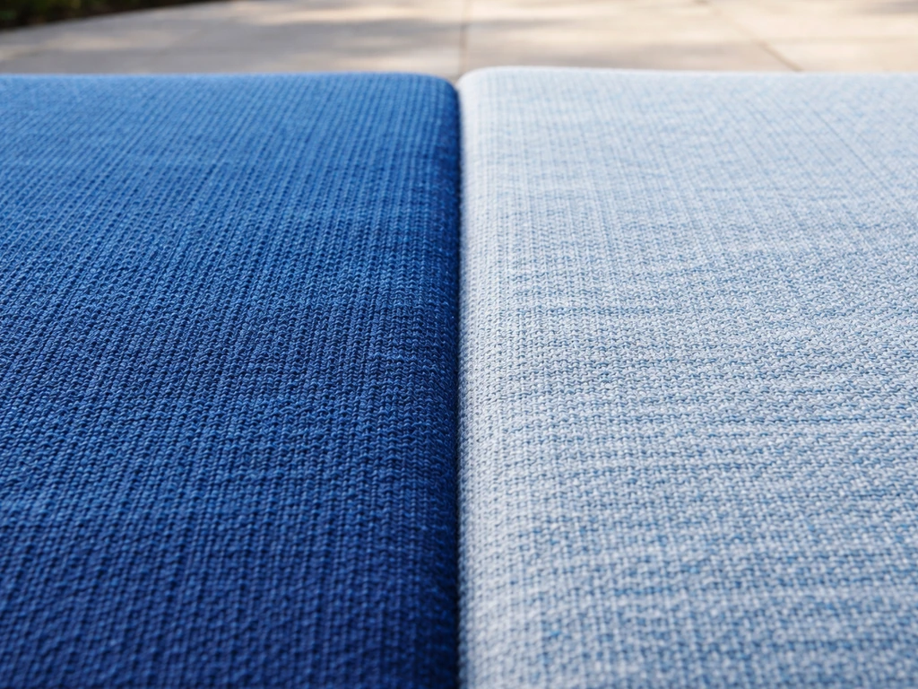 Outdoor fabric samples side by side showing stronger color where fully UV-exposed versus subtle fading.