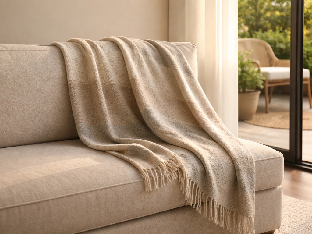 Cozy throw blanket draped on an indoor sofa with the patio doorway showing indoor-outdoor versatility.