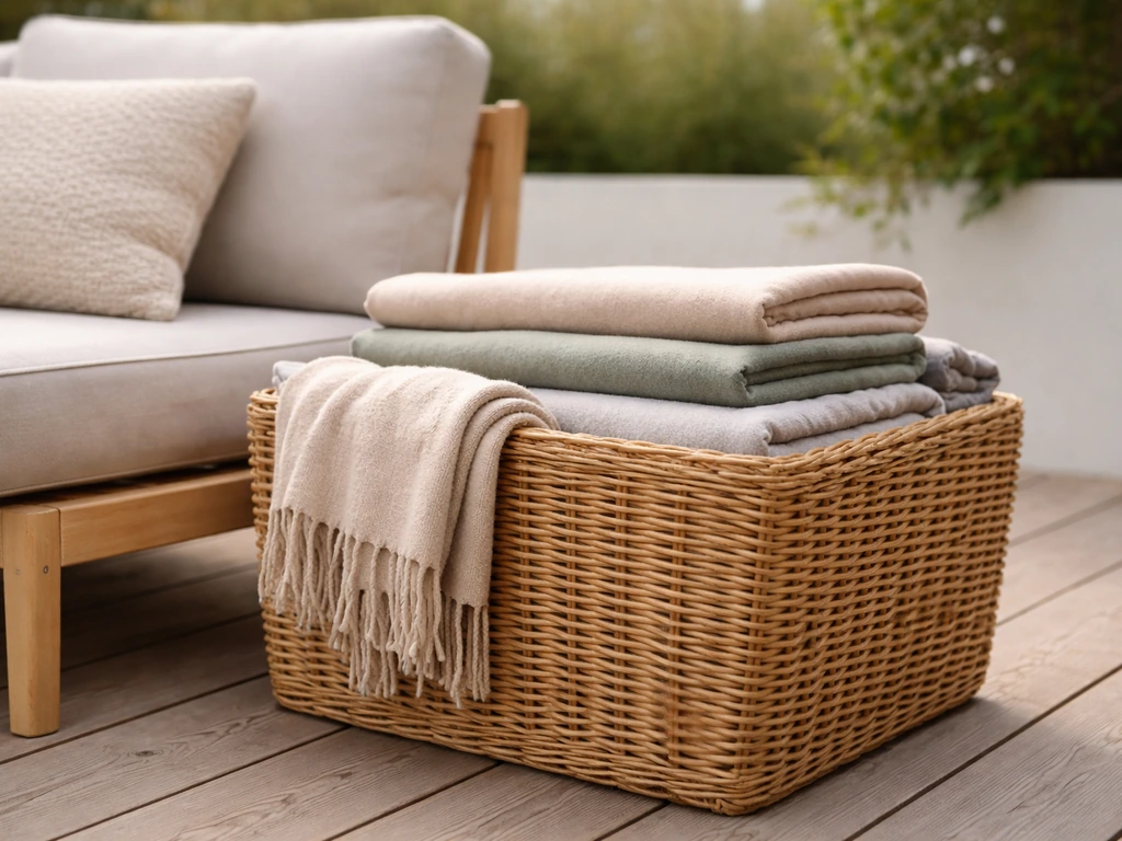 Wicker basket beside outdoor patio seating with neatly stacked fleece throws ready for guests.