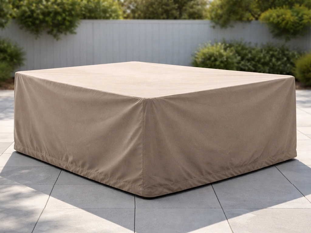 Tightly fitted patio furniture cover over an outdoor dining set in bright daylight.