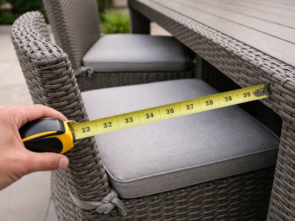 Hand measuring a fully assembled patio dining set with chairs pushed in, tape on tabletop edge.