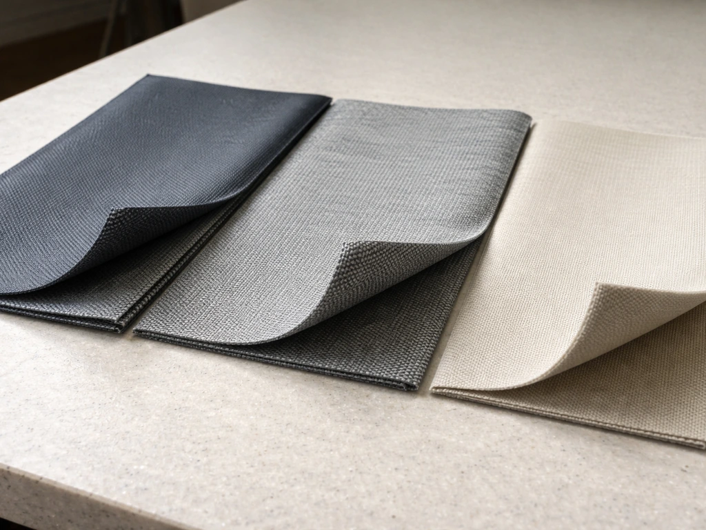 Close-up of heavy PVC-coated polyester and other outdoor fabrics laid on a workbench, showing textures.