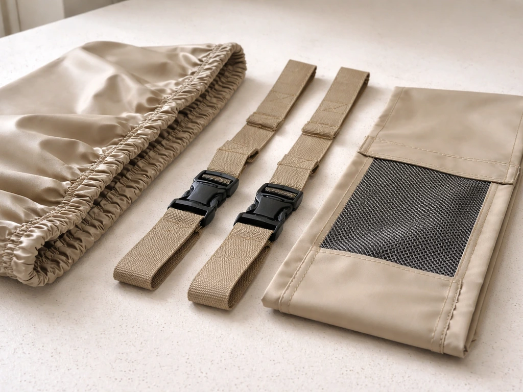 Outdoor furniture cover pieces laid out on a table: elastic hem, reinforced straps, and a vent panel.