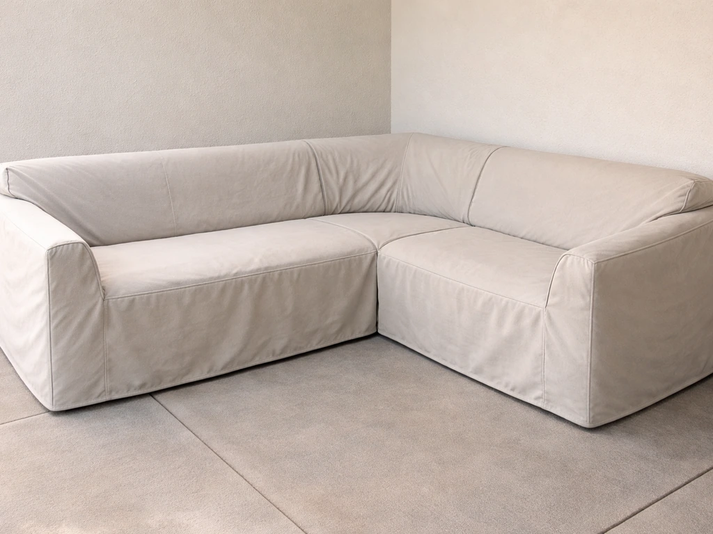 L-shaped sectional with a tailored cover fully covering the inner corner, no rectangular gap visible.