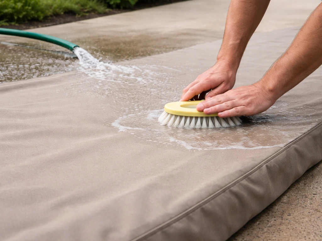 Boat or patio cover laid flat on a driveway, hose rinsed and gently scrubbed with a soft brush.