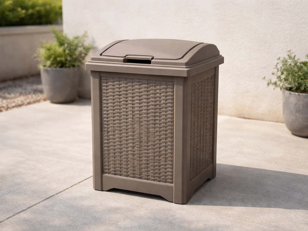 Well-lit patio scene with a single Suncast Trash Hideaway-style garbage can showing the closed lid