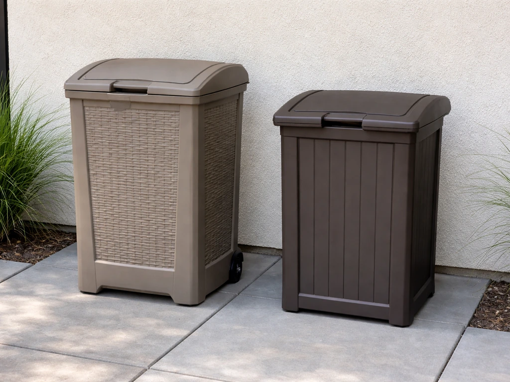Two outdoor patio trash-can styles side by side on a simple patio, focusing on Suncast-like bins.