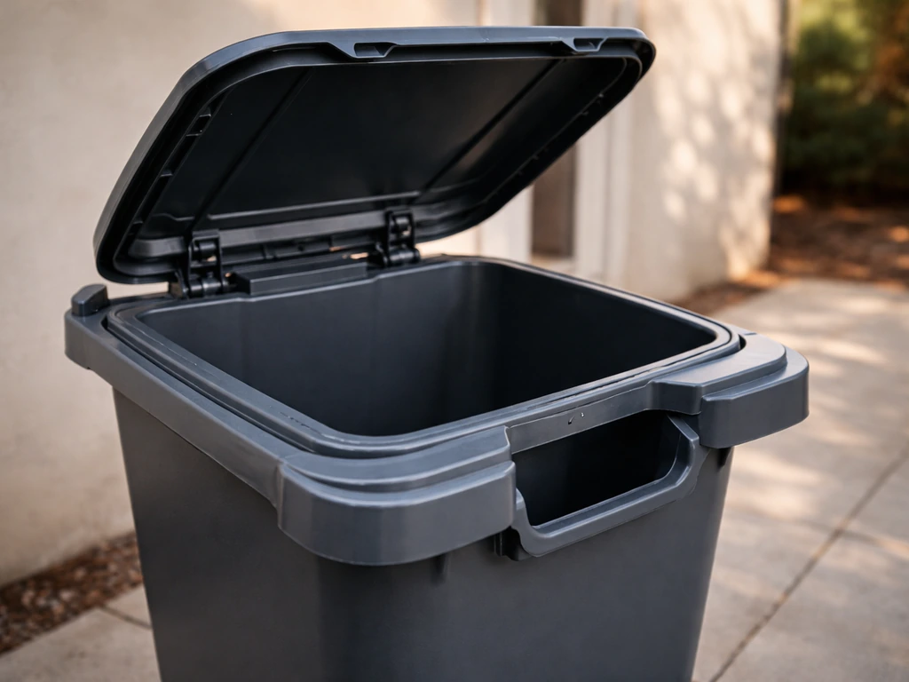 Close-up of an outdoor trash bin showing open lid, hinge detail, access opening, and interior capacity.