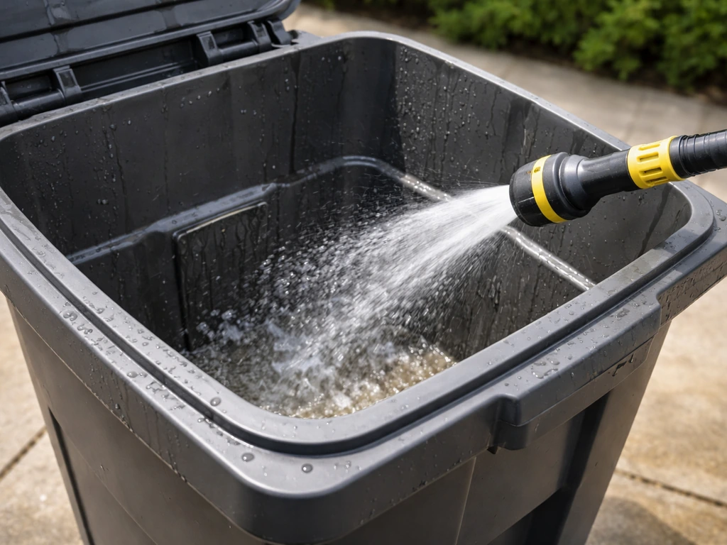 Garden hose rinsing the interior of a patio resin garbage bin after bag removal, water flowing inside