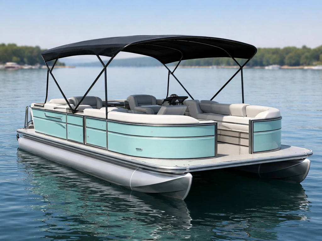 Aqua Patio pontoon boat with bimini top deployed, providing full shade across the deck