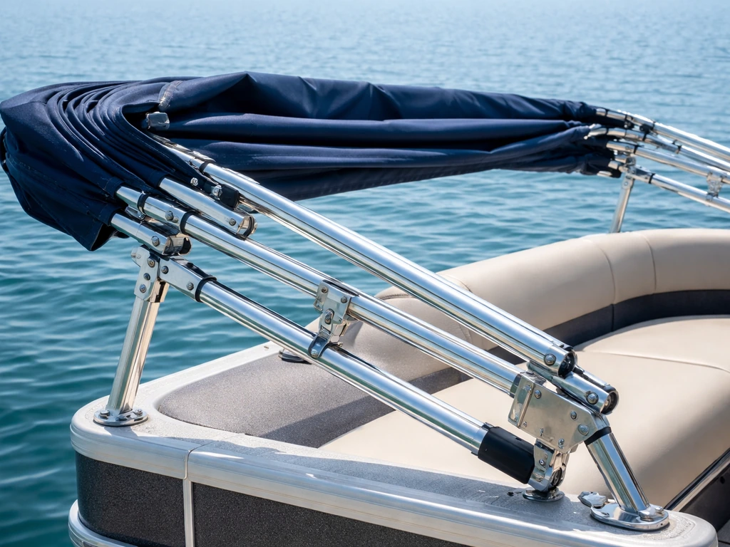 Close-up of a pontoon bimini frame with folded canopy fabric showing folding hinges and shade coverage