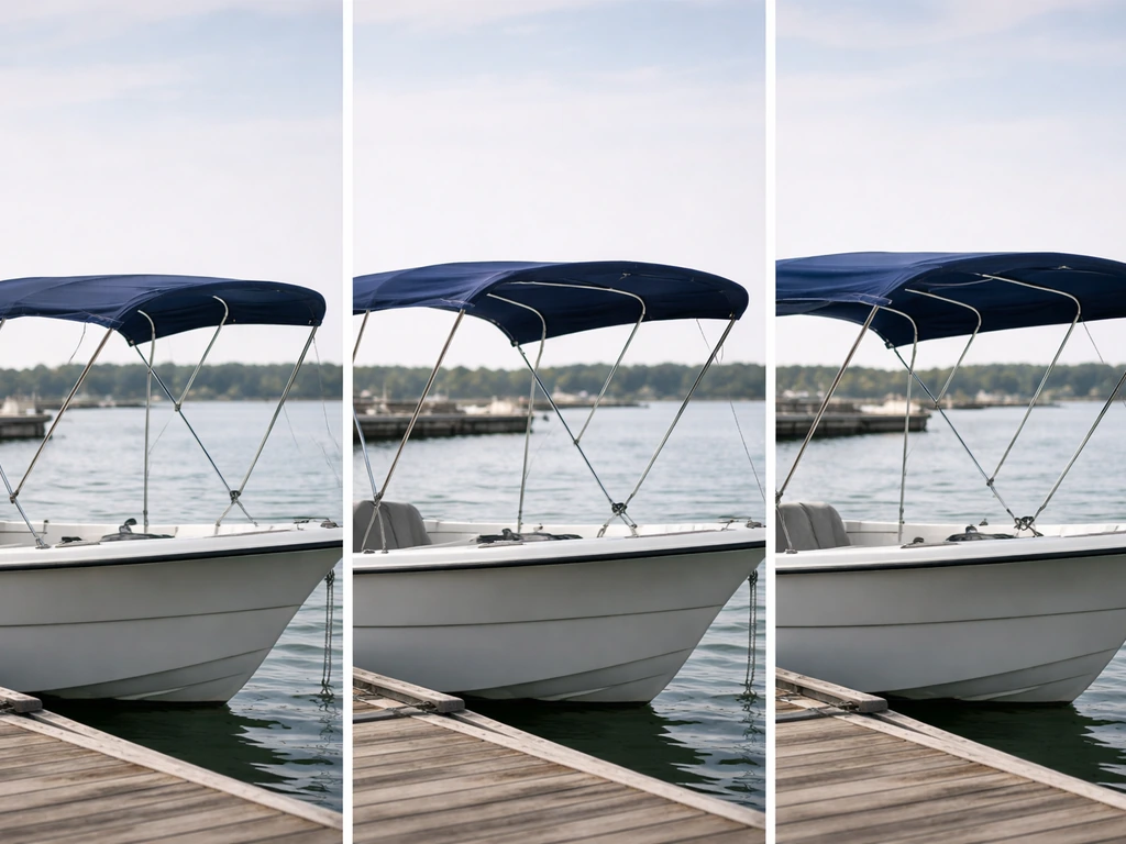 Three side-by-side bimini tops showing 2-bow, 3-bow, and 4-bow fabric tension and shape differences.