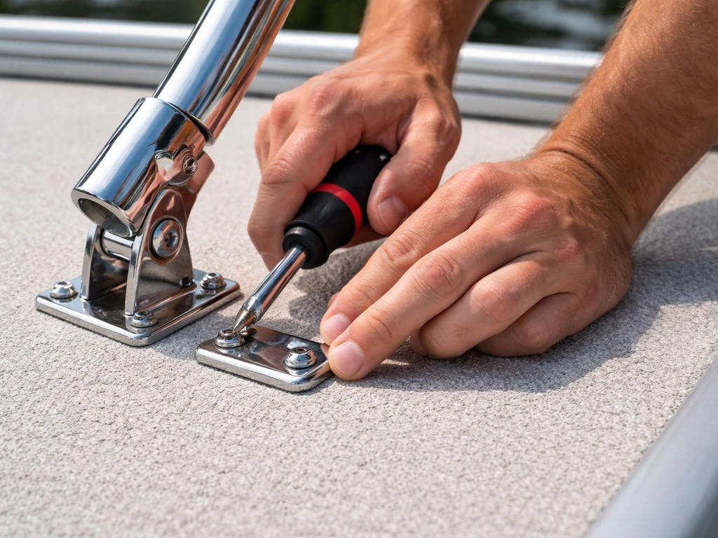 Hands attaching bimini deck hinges and bow frame tubes with stainless screws on a pontoon deck