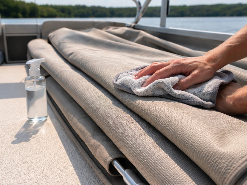 Hands gently cleaning a folded pontoon bimini fabric with a damp rag and mild cleaner on a sunny deck.