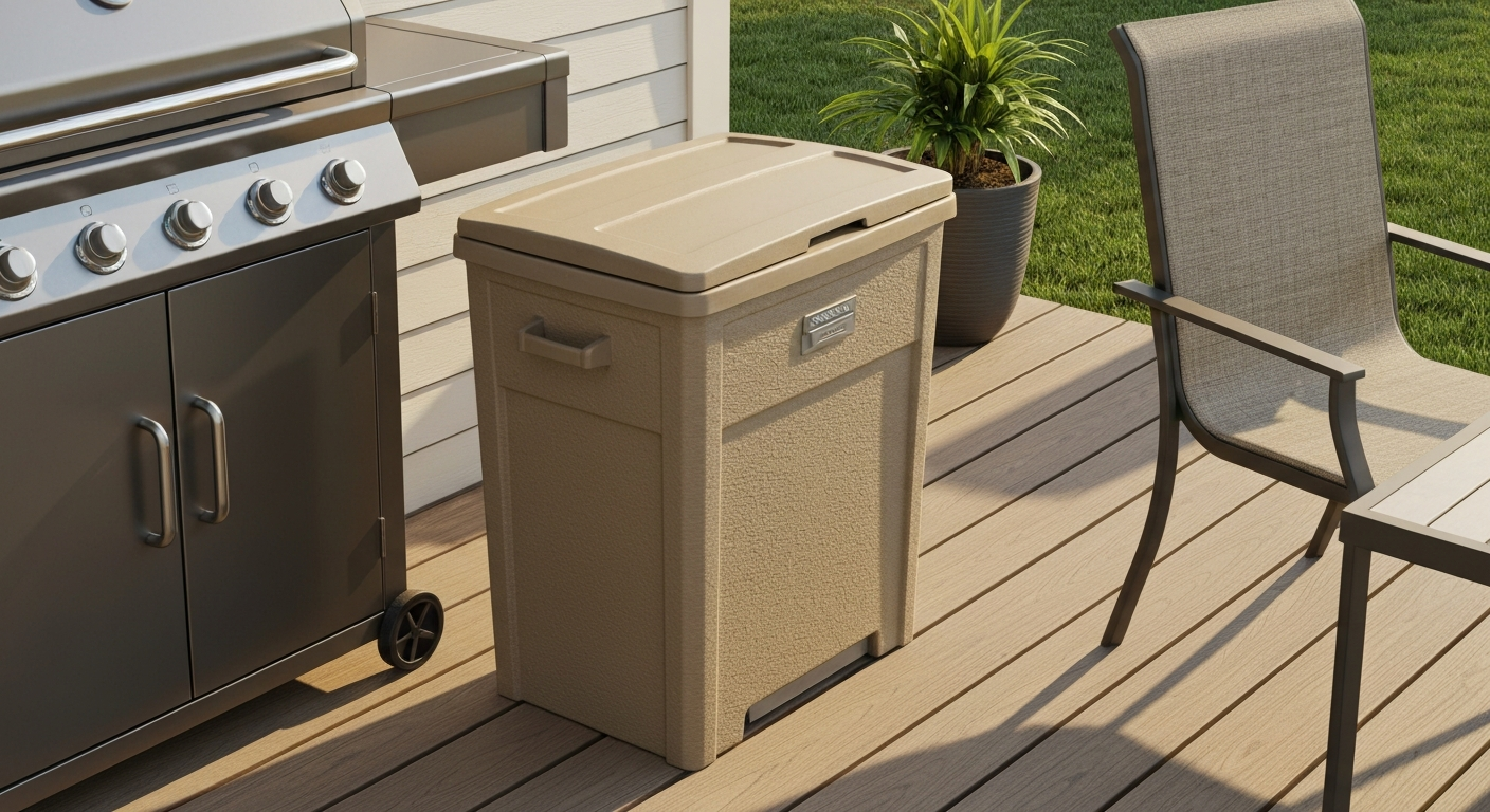 Photorealistic patio scene showing a neutral stone-colored rectangular resin hideaway trash can with lid closed beside a grill and patio chair, giving scale and context.