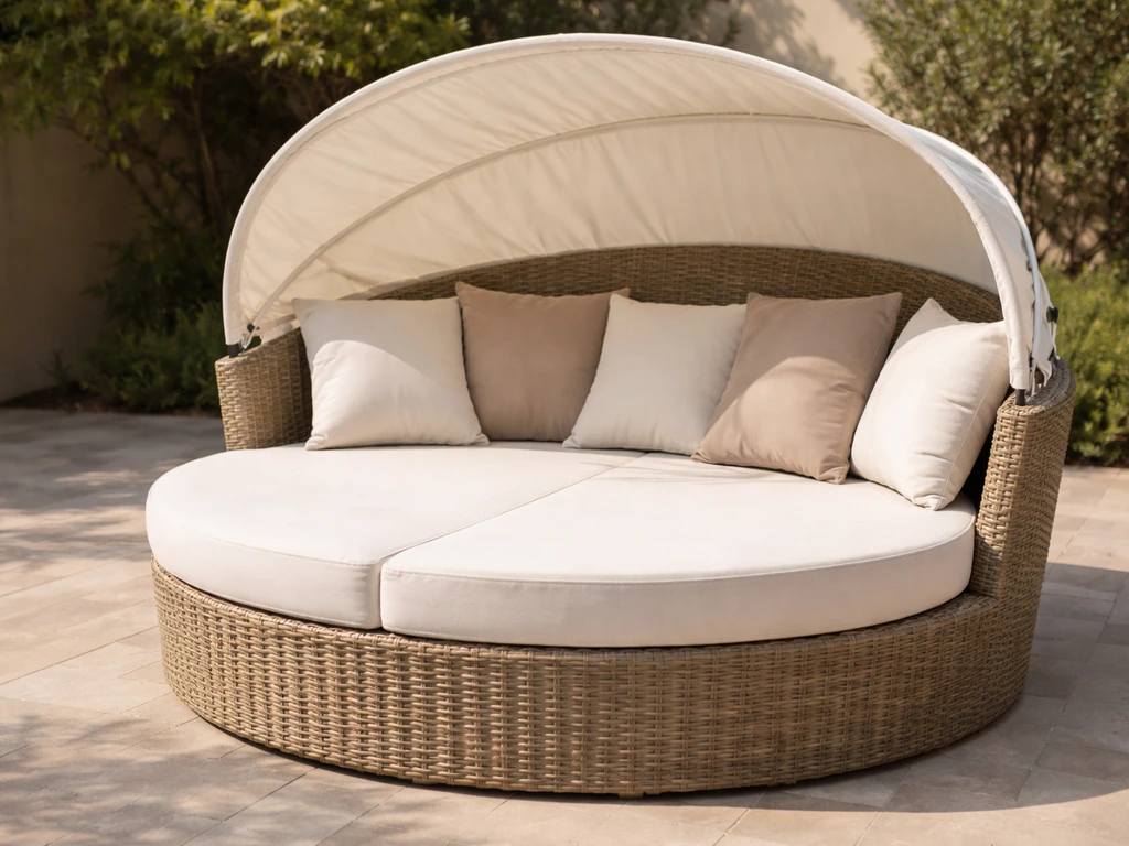 Sunlit patio with a rattan daybed and partially extended retractable canopy providing shade.