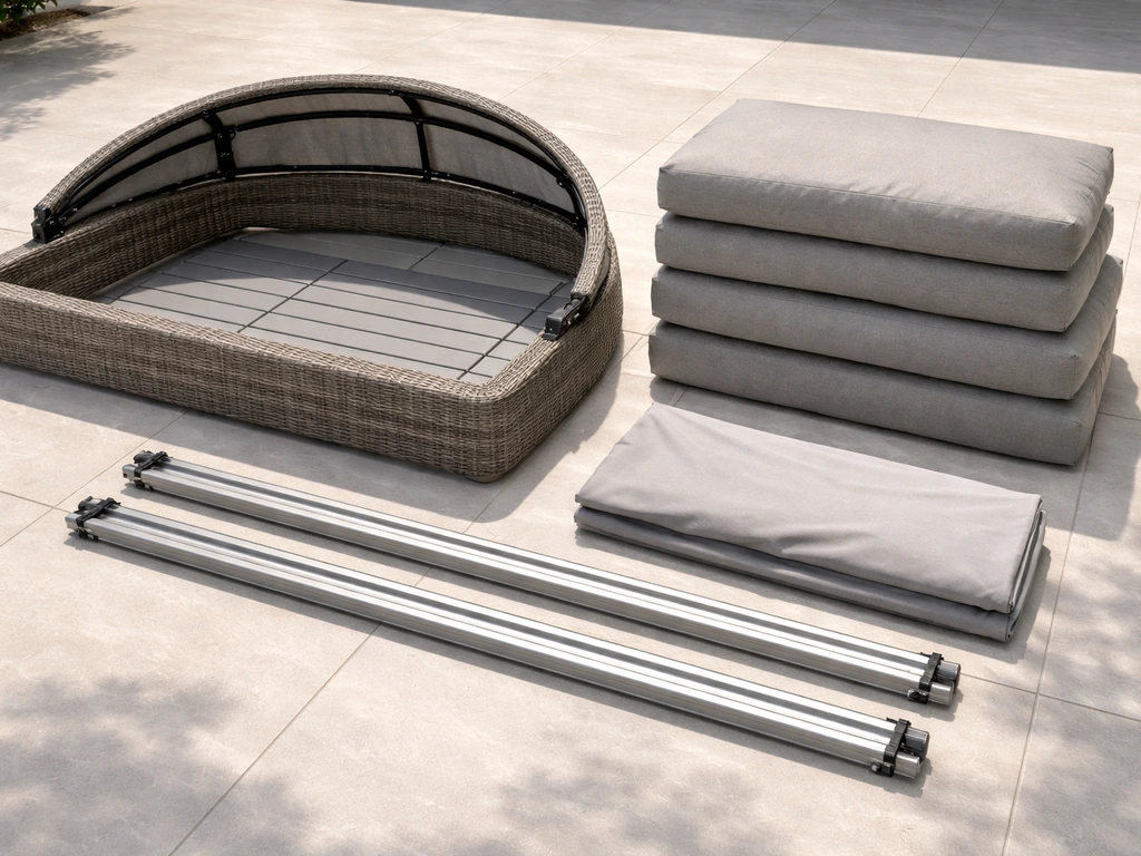 Rattan daybed parts laid out: frame, cushions, canopy fabric panel, and two track/roller components.