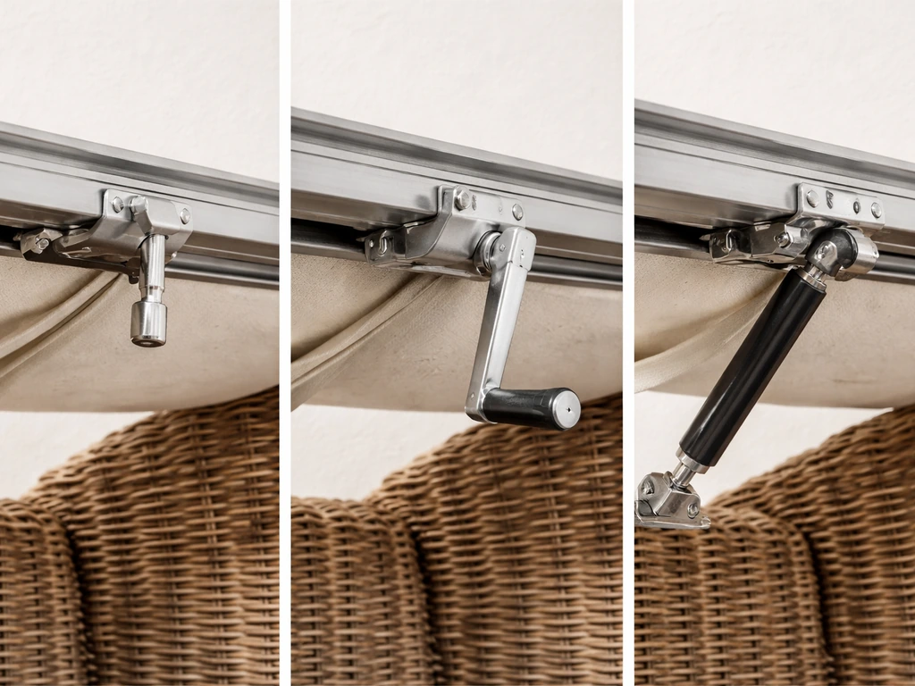 Close-up of a retractable canopy track showing manual pull, hand crank, and gas strut mechanisms side-by-side.
