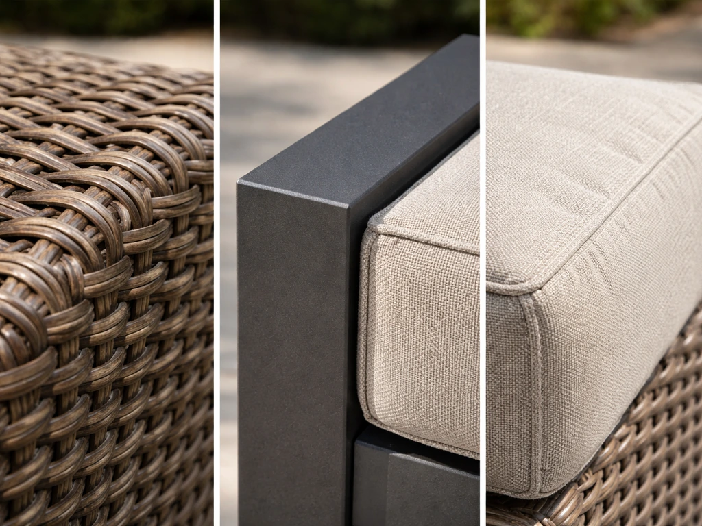 Close-up of PE rattan weave, powder-coated metal frame, and outdoor cushion fabric on a patio.