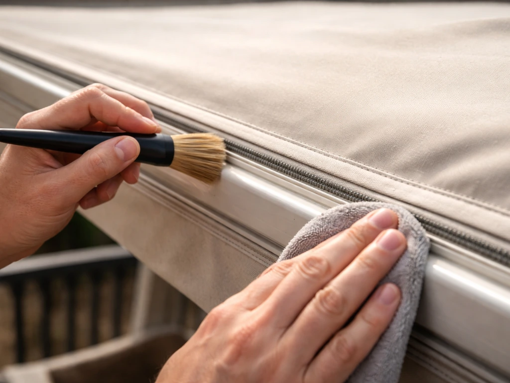 Hands gently brushing the canopy track and wiping the zipper line to restore smooth opening.