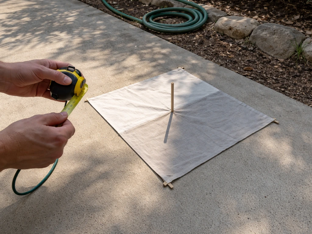 Hands measuring a patio with a sun/shadow tracker, showing bright sun vs shade and outdoor rain risk.