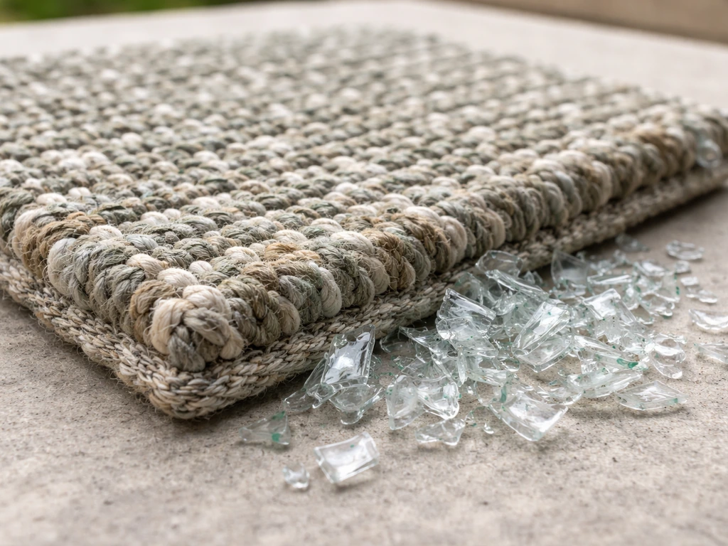 Close-up of recycled PET plastic pieces beside outdoor rug fibers, showing an eco-friendly bottle-to-fiber concept.