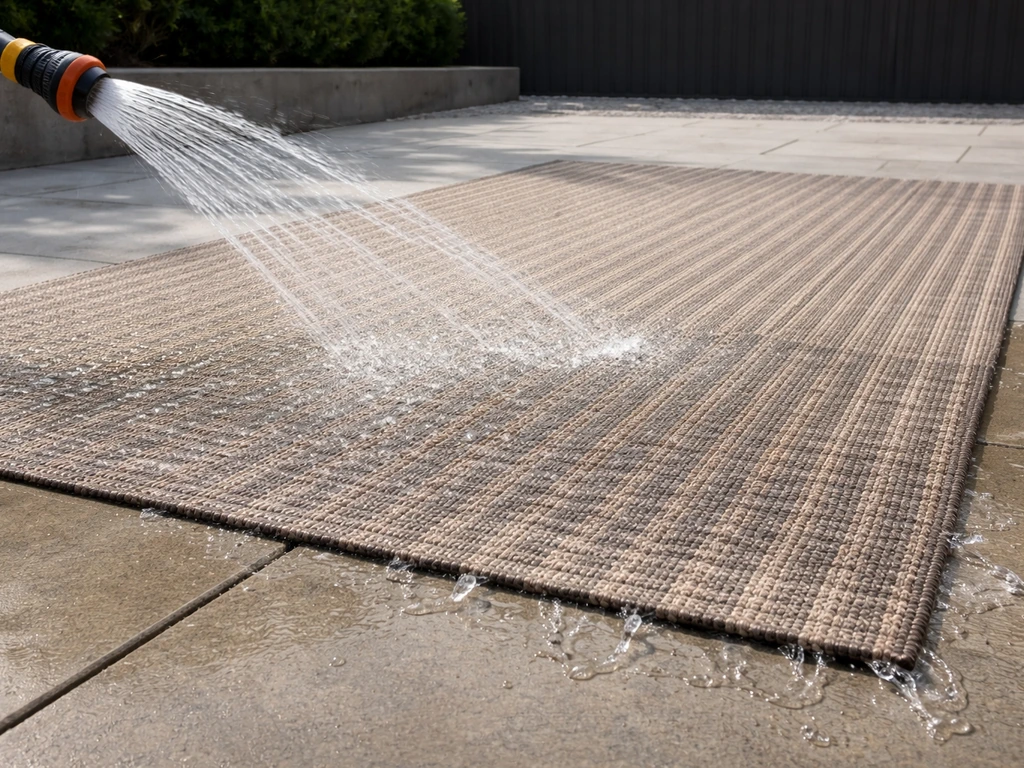 Solution-dyed polypropylene flat-weave outdoor rug being hosed, with quick drainage and fast drying.