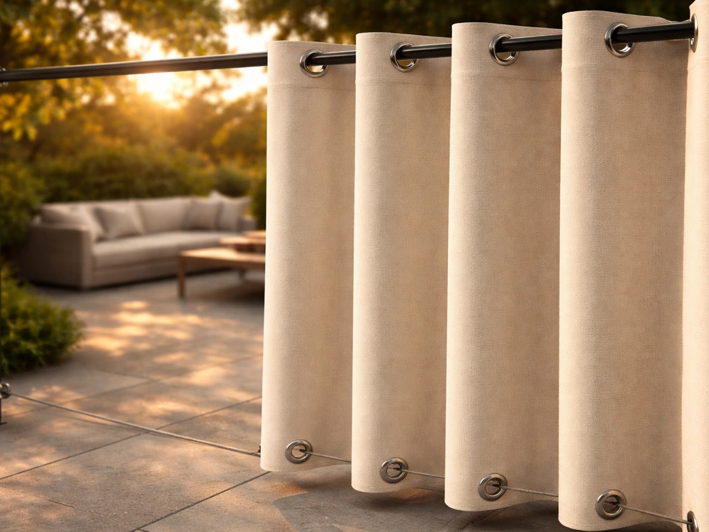 Outdoor patio curtains with visible top-and-bottom grommets on a rod, tensioned for a neat wind-resistant drape.