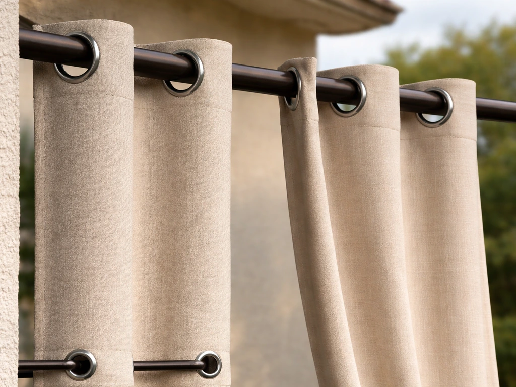 Close-up of outdoor curtain grommets holding fabric taut, with a nearby looser edge for contrast.