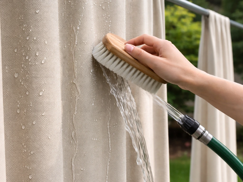 Hand brushing and rinsing outdoor curtain fabric with water droplets, showing fresh clean drying state.