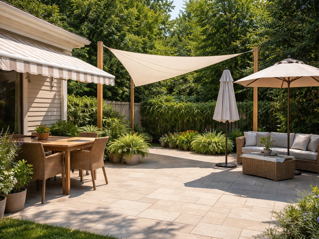 Sunny patio showing an extended awning, a shade sail, and an umbrella providing shade options.
