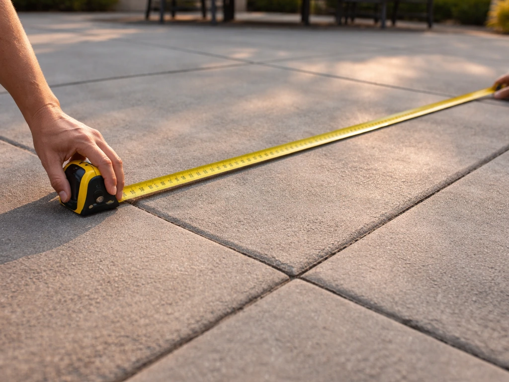 Hands measuring an outdoor patio with a tape measure across concrete pavers to plan shade coverage.