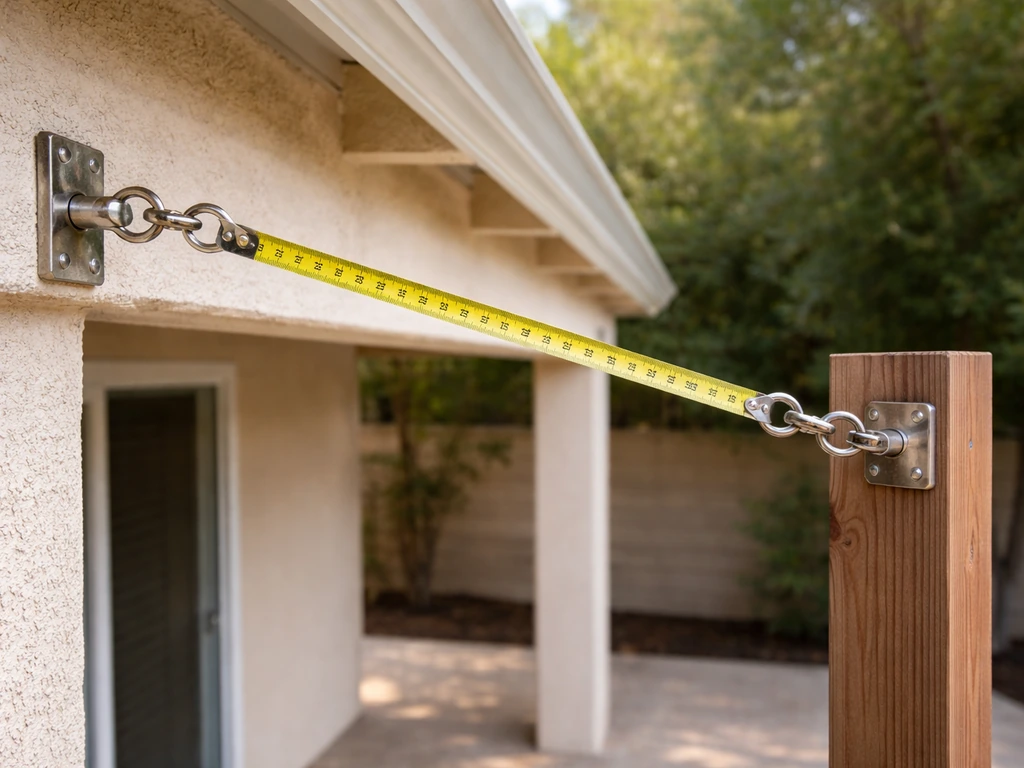 Close-up of tape measure stretched between two patio posts with a slight downward angle for water runoff