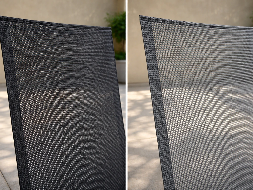 Two side-by-side shade mesh panels: denser darker mesh on left, more open airy mesh on right.