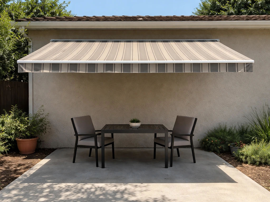 Retractable patio awning extended over a shaded outdoor dining table and chairs.