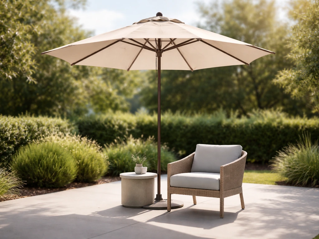 A vented patio market umbrella shading an outdoor seating spot on a sunny day