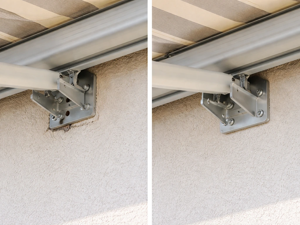 Close-up of a retractable awning mount showing wrong vs right bracket anchoring into solid framing