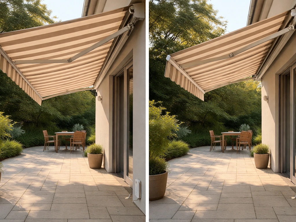 Sunlit patio with an awning fully extended and partially retracted, showing manual vs motorized use.