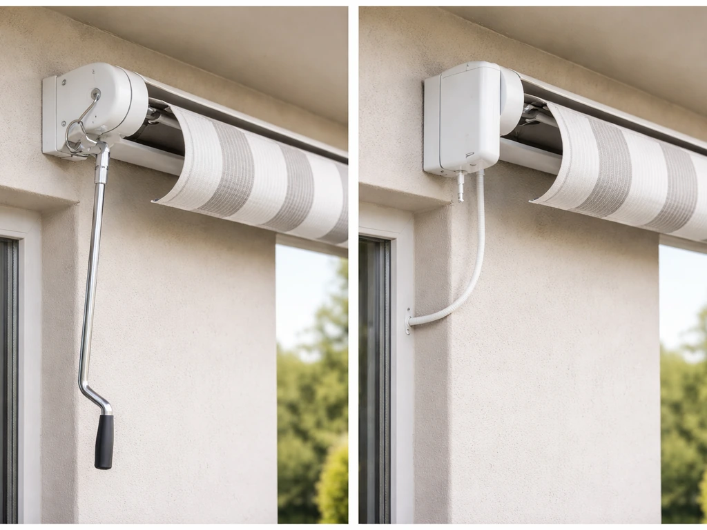 Close-up of an outdoor awning with a manual crank and a separate motor/controls unit side by side.