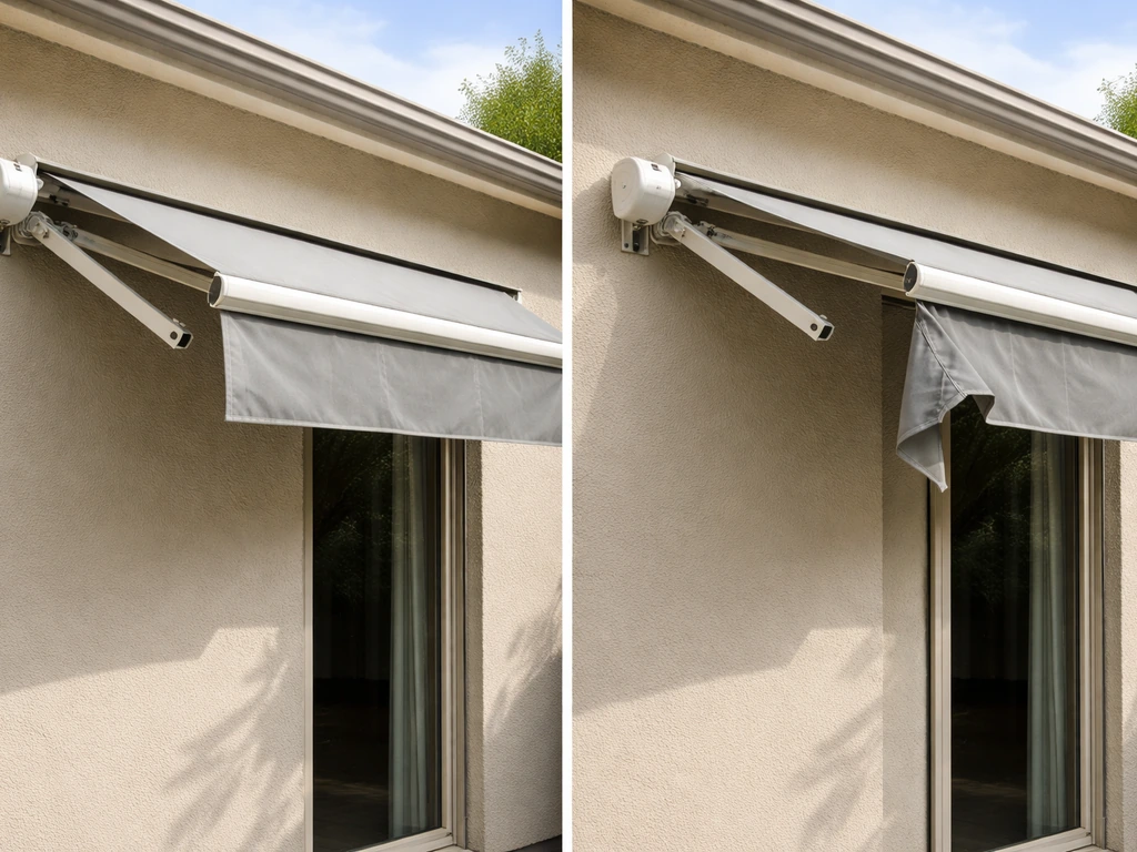 Motorized awning with fabric partially extended by remote, with arms locked for manual retraction.
