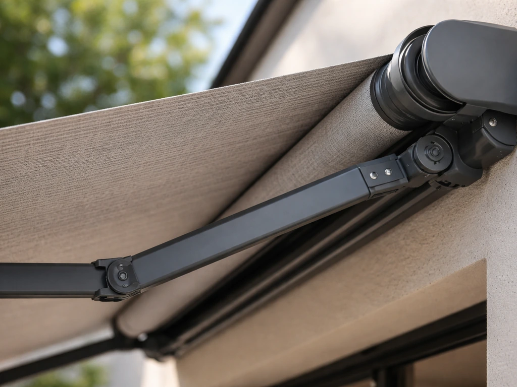 Close-up of a retractable awning mechanism extending and rolling back the fabric for shade.