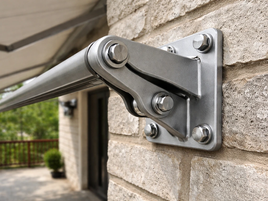Close-up of an awning bracket bolted into structural mounting points on a patio.