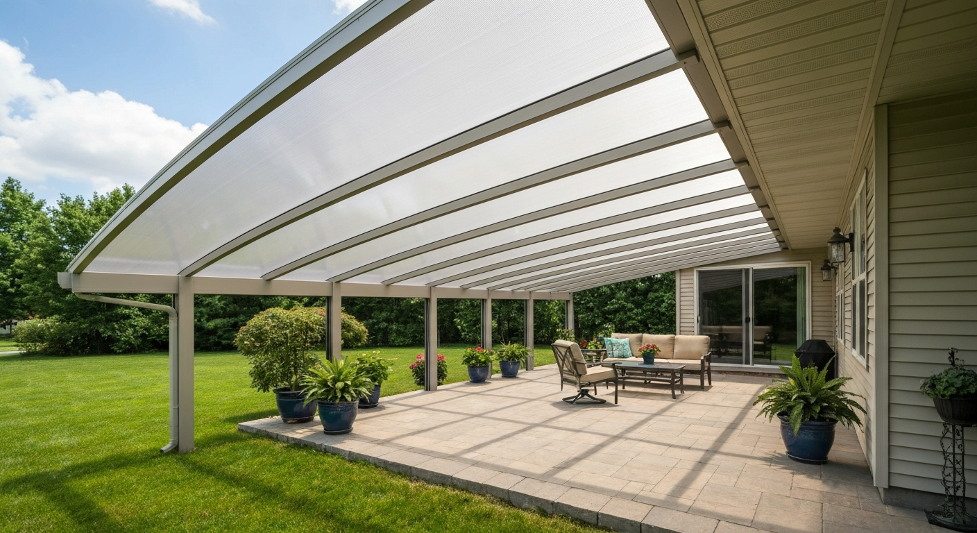 Wide daytime view of a patio with a translucent polycarbonate cover, diffused natural light, seating and plants under the roof.